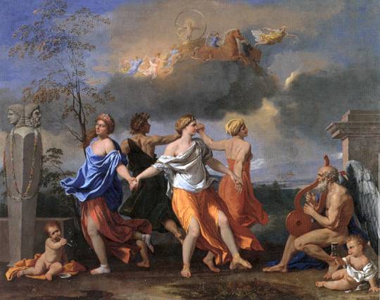 Pauvret&eacute;, Peine, Richesse et Luxe dansant sous les yeux d'Apollon.